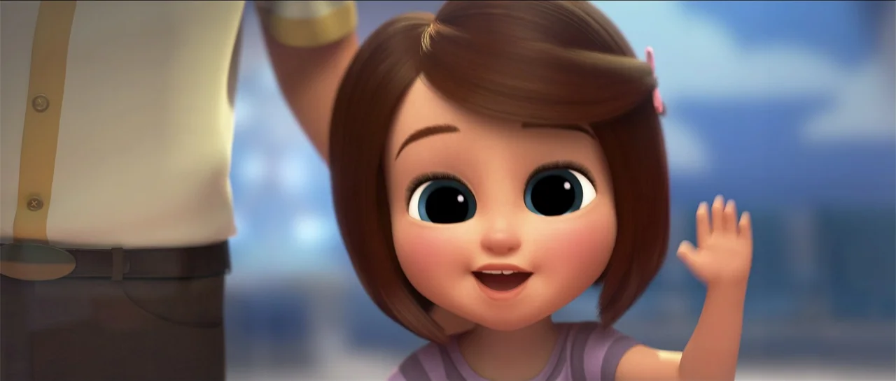 The Boss Baby (2017) movie still: closeup — A stylized animated environment with a blurred outdoor backdrop. A young girl with large eyes smiles and…