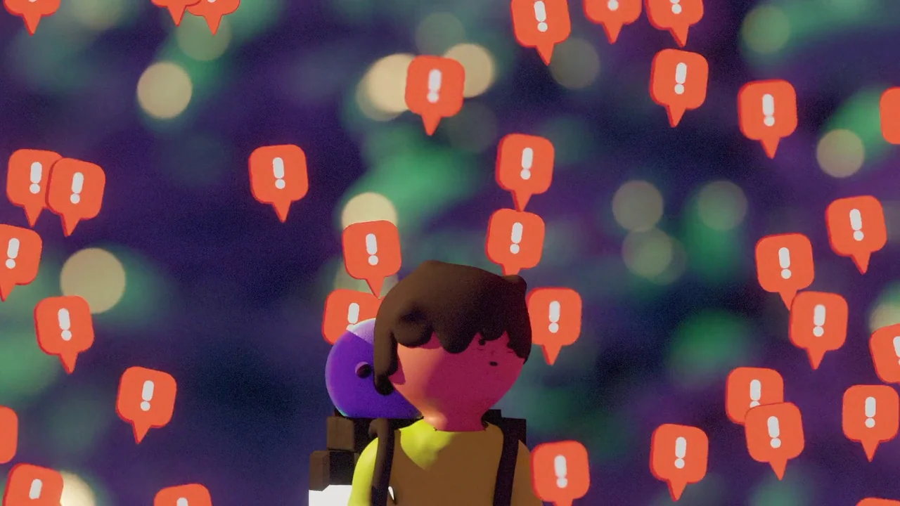 Boys Go To Jupiter (2024) movie still: medium — A stylized animated character stands centered in front of a dark, out-of-focus background. Multiple…