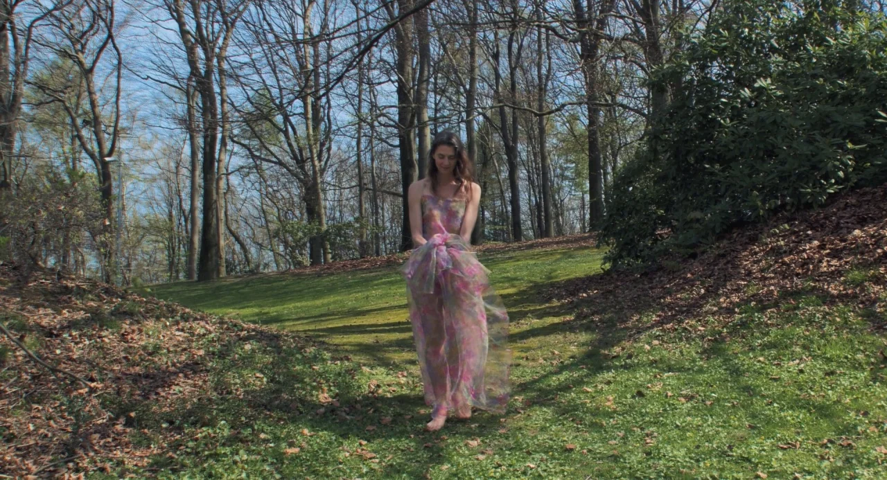 Pina (2011) movie still: fullbody — A grassy slope winds through a dense patch of bare trees in early spring. A woman wearing a sheer floral dress…