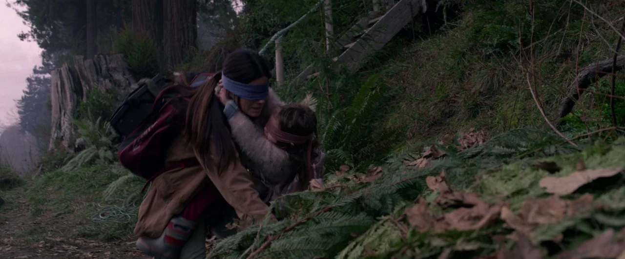 Bird Box (2018) movie still: medium — A steep dirt trail winds through a dense, overcast forest filled with tall conifers. A woman with a maroon…