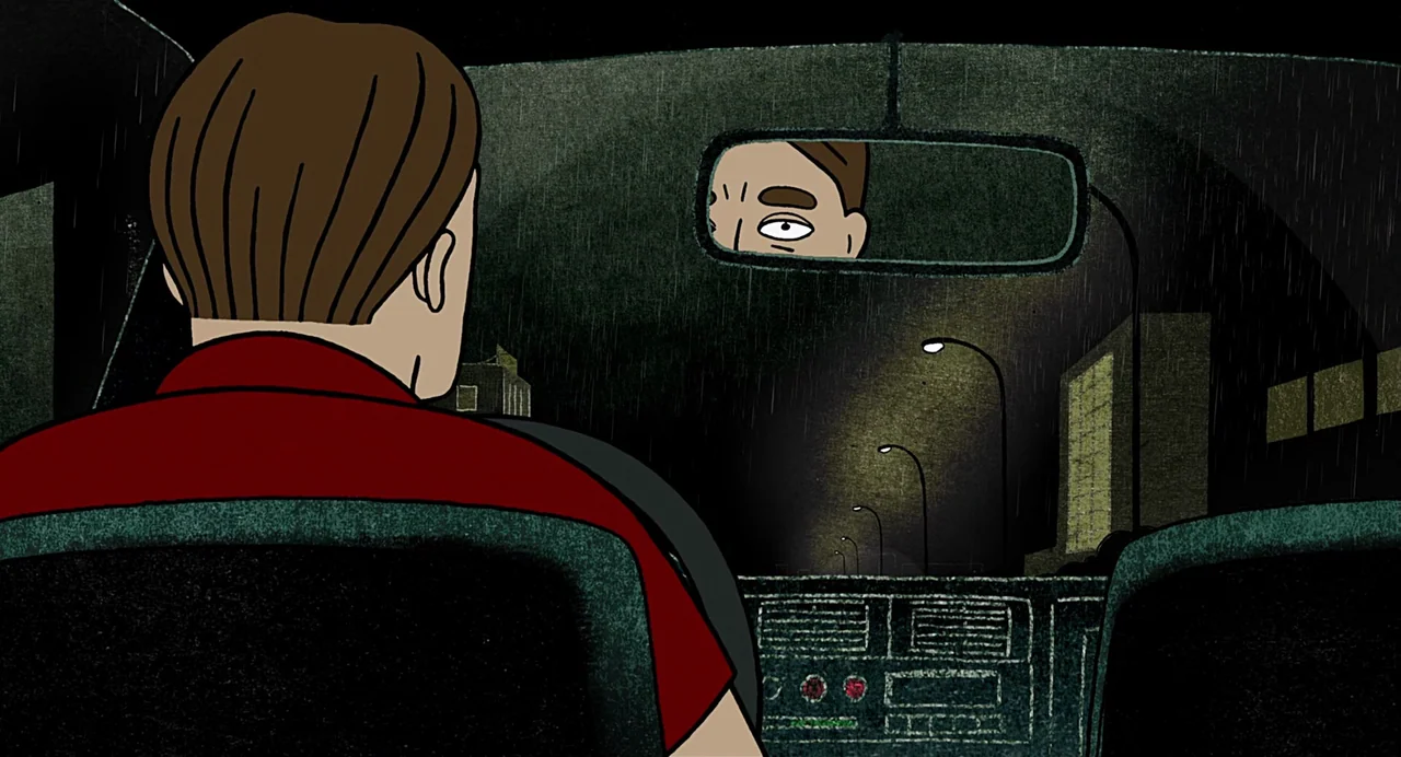 Persepolis (2007) movie still: medium — A dark, stylized interior of a moving car during a night rain shower. The driver is viewed from behind while…
