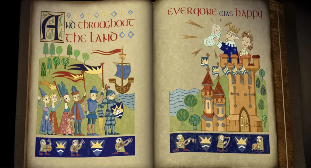 Shrek 2 (2004) movie still: medium — An open book shows stylized medieval illustrations on two pages featuring a king and queen holding a baby in a…