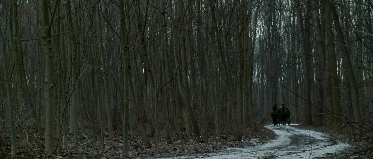 La Vie En Rose (2007) movie still: wide — A dense winter forest contains a narrow, muddy dirt road winding into the background. A horse-drawn wagon…