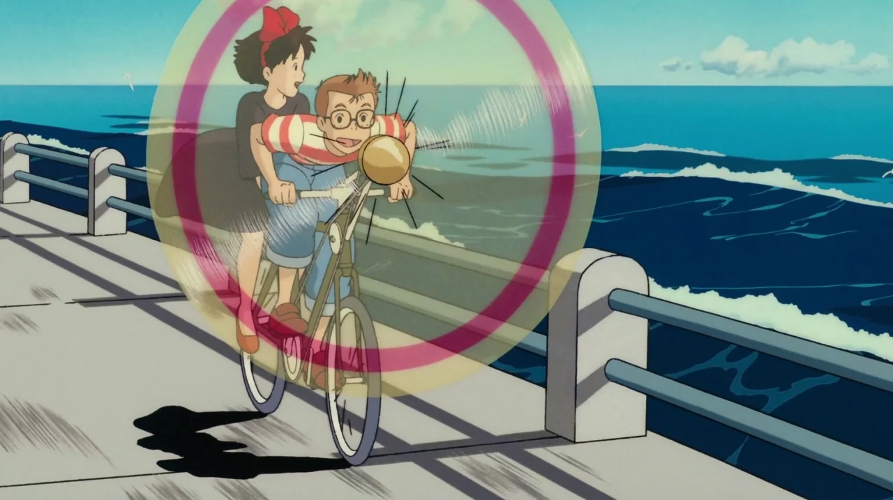Kiki’s Delivery Service (1989) movie still: fullbody — A seaside concrete embankment stretches alongside a choppy blue ocean under a clear sky. A…