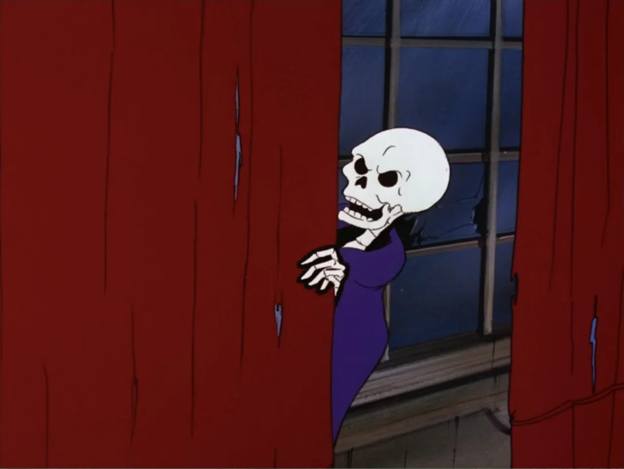 Scooby-Doo! Meets the Boo Brothers (1987) movie still: medium — A dark interior space features a window looking out into the night. A cartoon…
