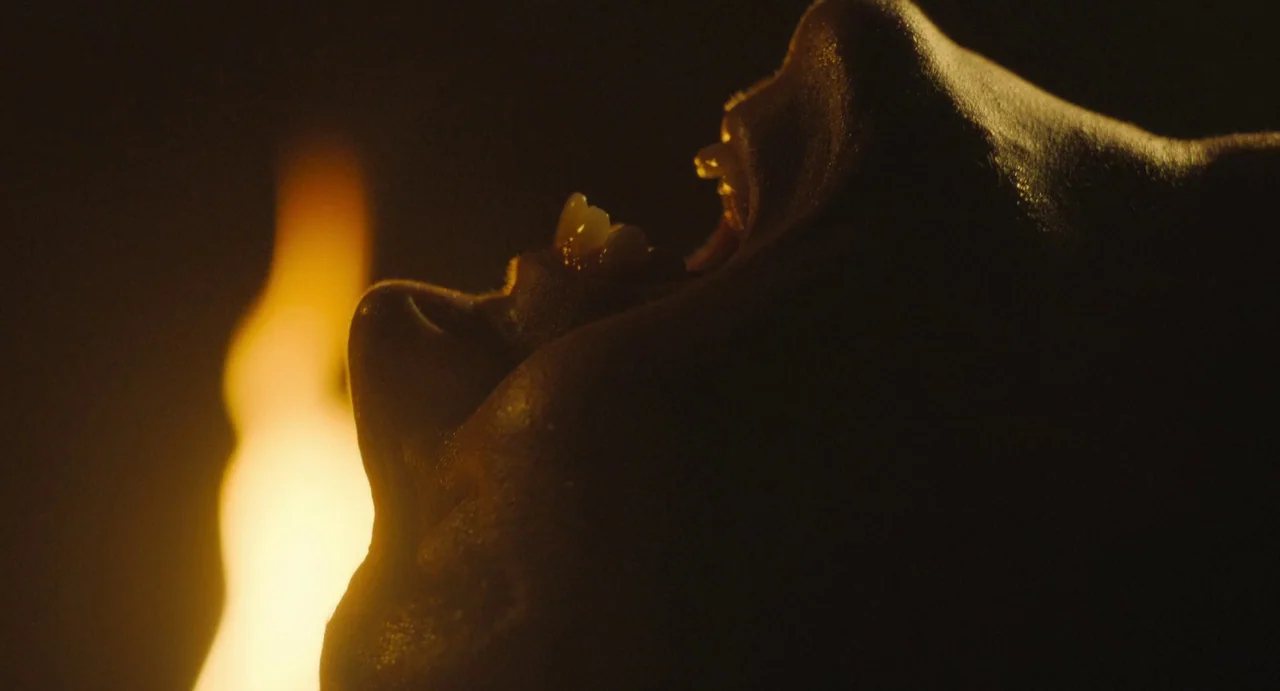The First Omen (2024) movie still: closeup — A dark environment is illuminated by a small, bright flame beside a face. The subject's profile is…