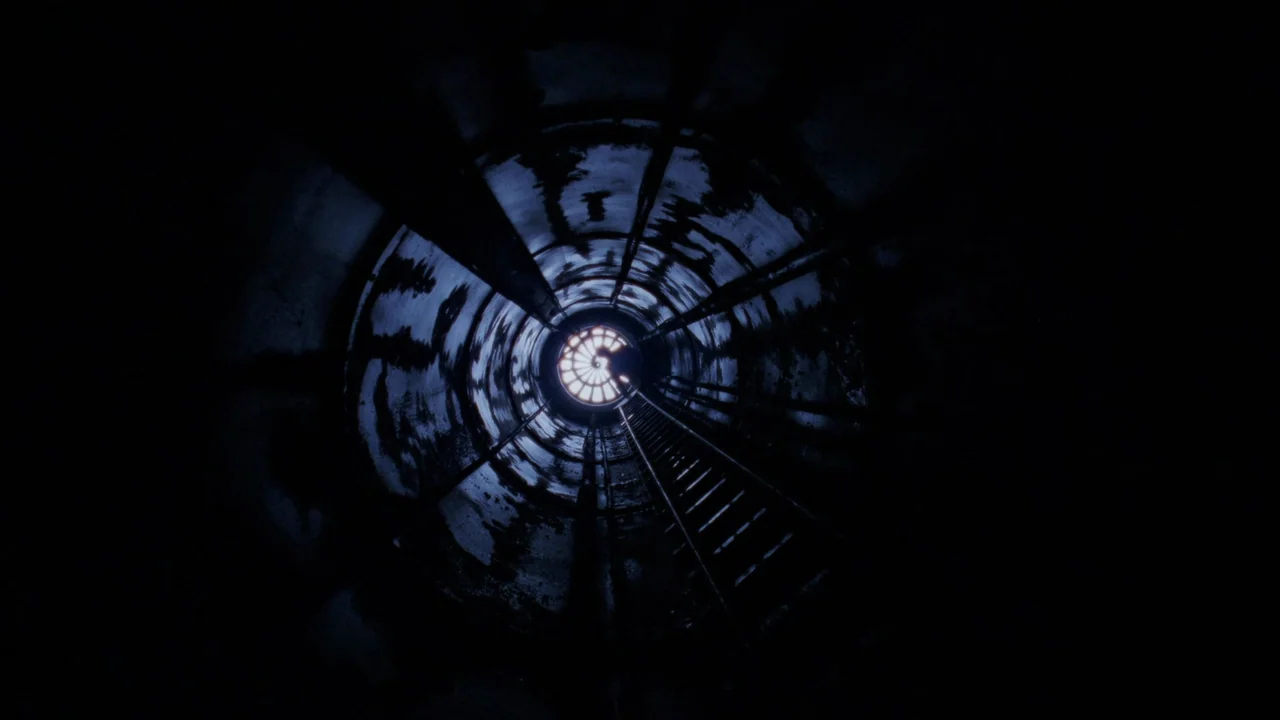 The Sect (1991) movie still: establishing — A dark, vertical cylindrical shaft features a metal ladder running up one side. A bright, circular hatch…