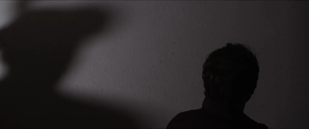 Amityville Cult (2021) movie still: medium — A blank interior wall shows a large shadow cast by an unseen person. A person seen from the back stands…