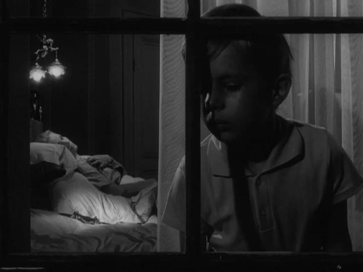 The Silence (1963) movie still: medium — A dimly lit room seen through a windowpane separating the foreground and background. A young boy watches a…