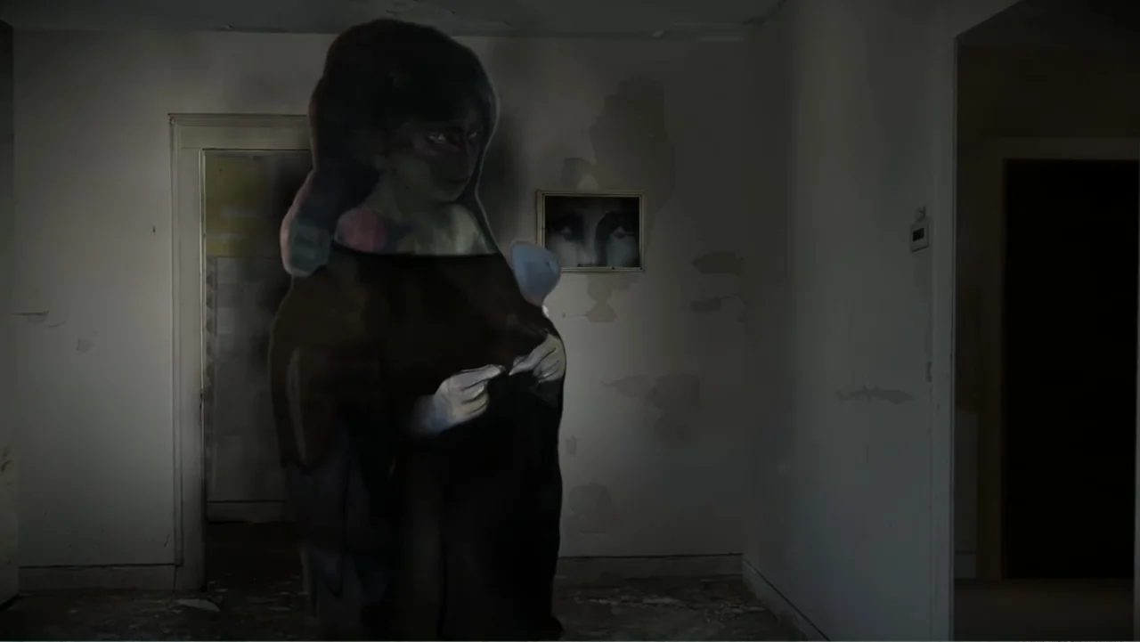 Inland Empire (2006) movie still: medium — An interior shot of a room with peeling paint and dark shadows. A translucent human figure stands in the…
