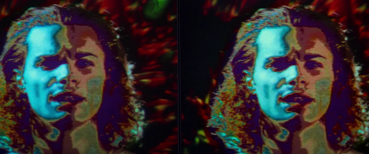 Hackers (1995) movie still: closeup — A close-up view of a face displayed on a low-resolution television monitor. The image is distorted by strong…