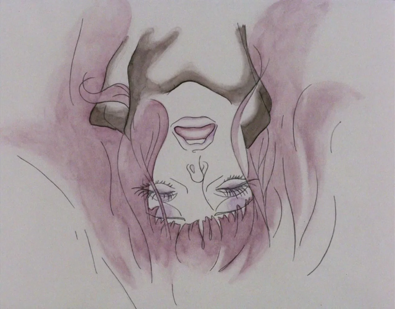 Belladonna of Sadness (1973) movie still: closeup — An inverted anime-style drawing depicts a woman's face surrounded by flowing pink watercolor…