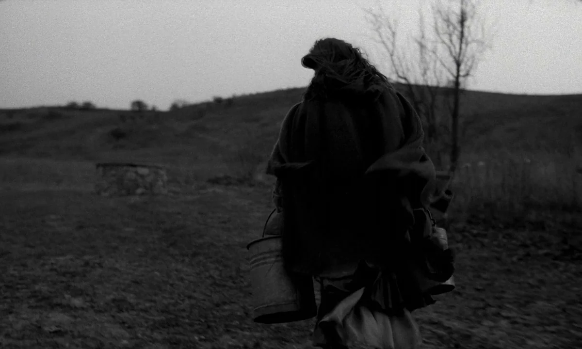 The Turin Horse (2011) movie still: fullbody — An open, barren field under a flat, overcast gray sky. A person in heavy clothing walks away while…