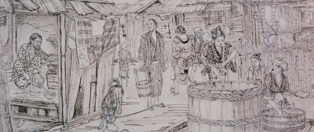 Lady Snowblood Song of Vengeance (1974) movie still: wide — A dense, impoverished neighborhood with makeshift wooden shelters and rustic, worn…