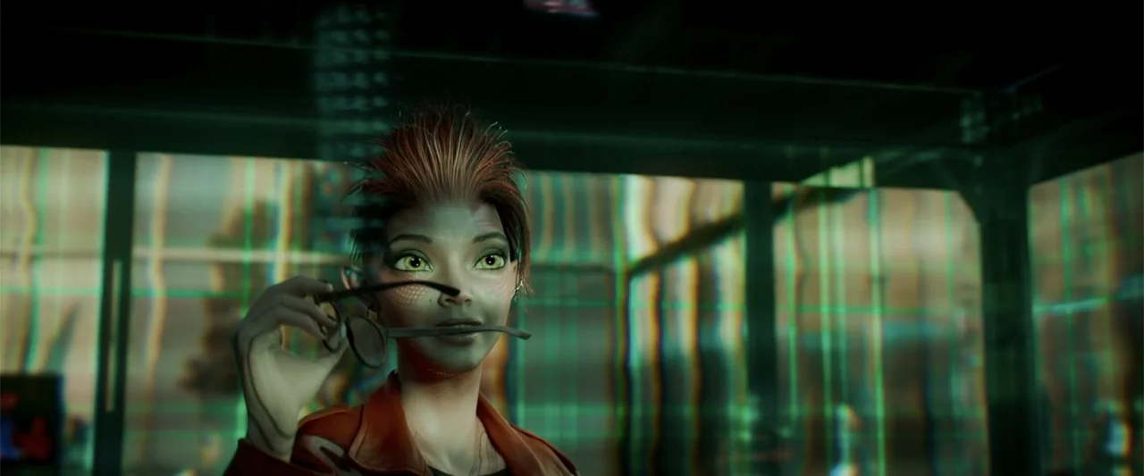 Ready Player One (2018) movie still: medium — A dark, stylized control room interior features a character standing behind a glass interface panel. A…