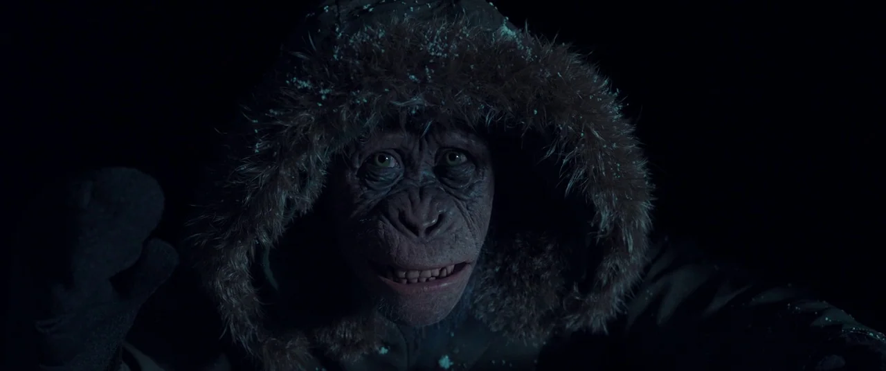 War for the Planet of the Apes (2017) movie still: closeup — A dark night setting featuring a chimpanzee dressed in heavy winter gear. The subject…