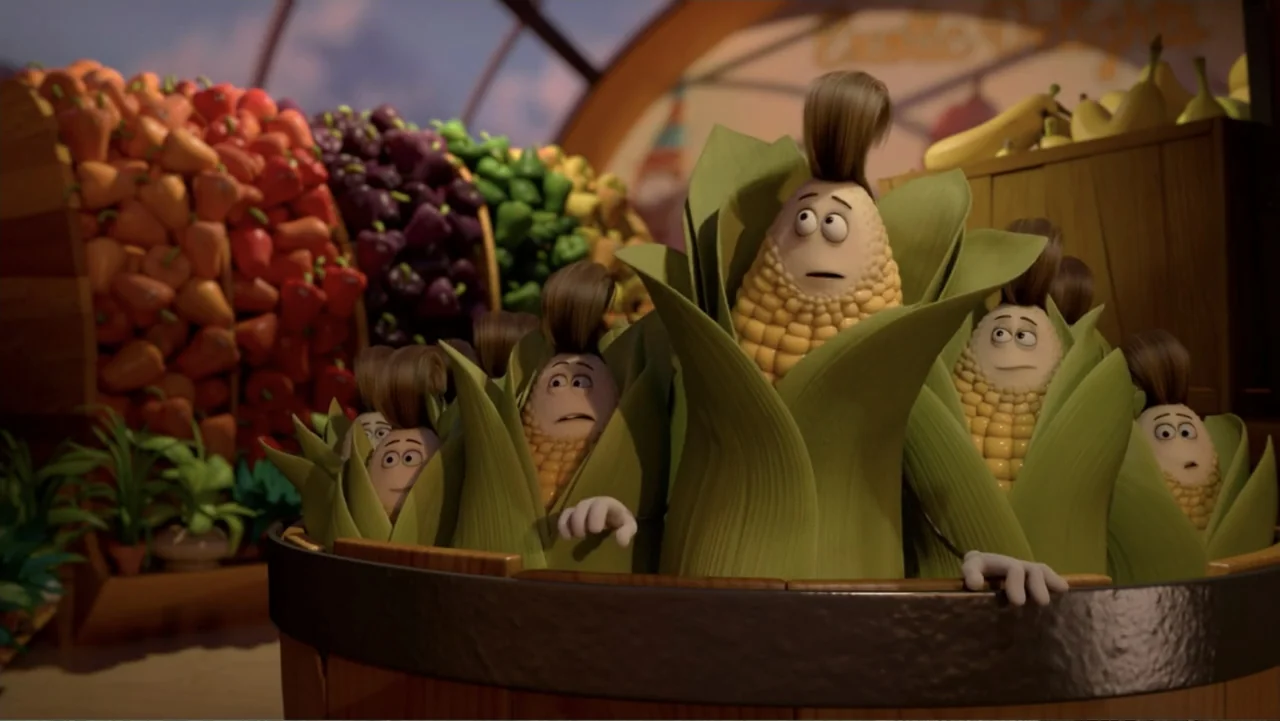 Sausage Party (2016) movie still: medium — A produce section with a wooden barrel filled with anthropomorphic corn cobs sits inside a store. Several…