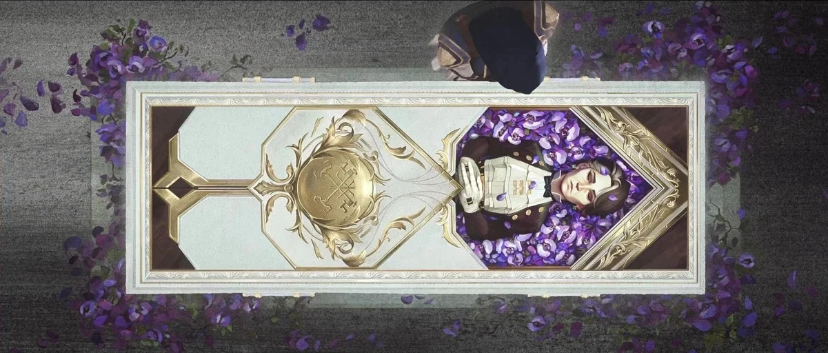 Arcane (2024) movie still: wide — A top-down view of an ornate, white and gold coffin resting on grey pavement. A man stands at the head of the…
