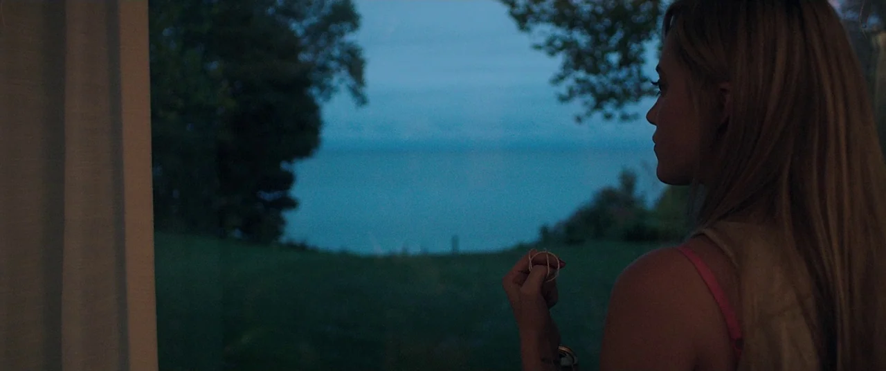 It Follows (2015) movie still: medium — A woman stands indoors near a window overlooking a dark lake and trees. She gazes out into the blue hour…