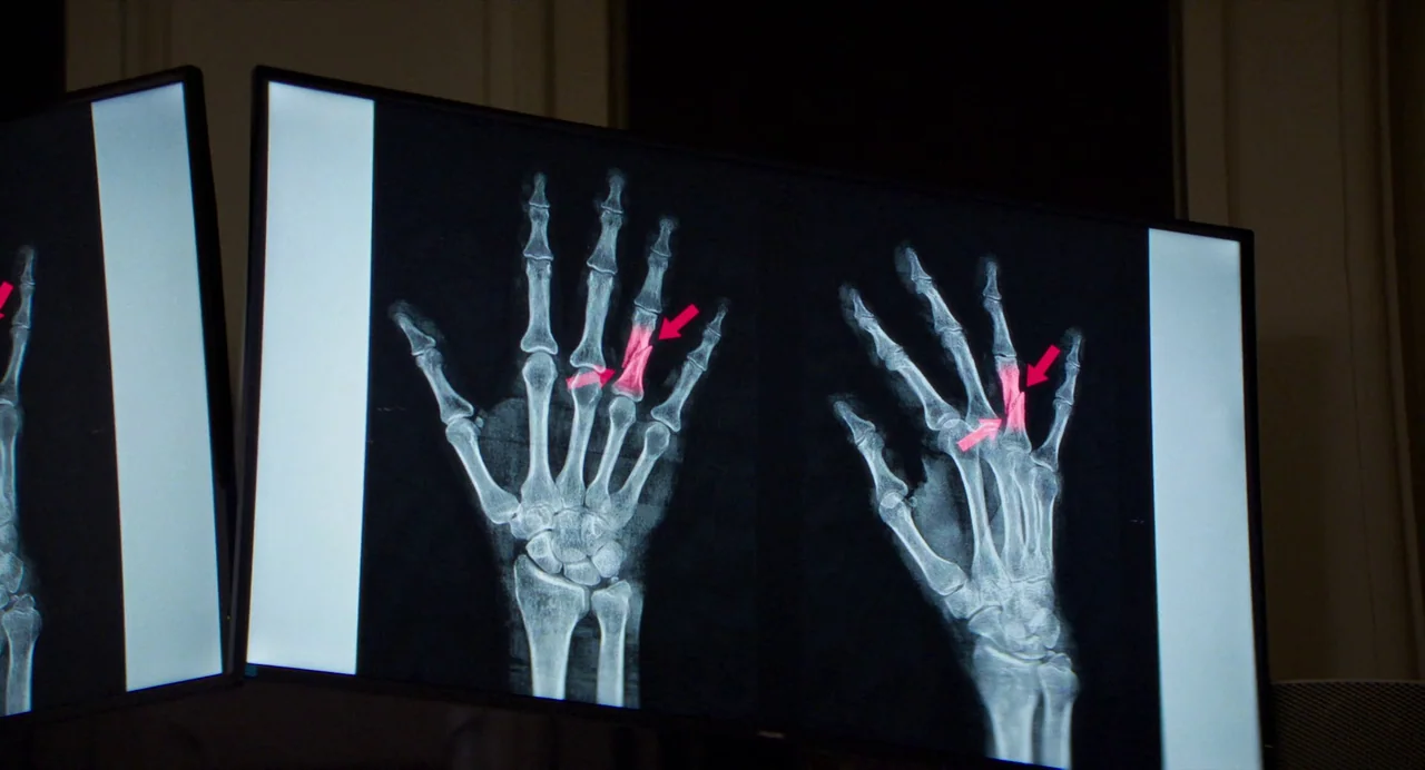 Anatomy of a Fall (2023) movie still: closeup — Two digital screens show medical x-ray imagery of fractured finger bones. Bright red digital arrows…
