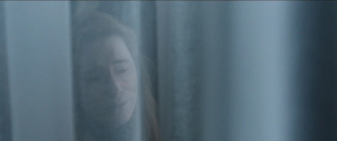 Tár (2022) movie still: closeup — A close view through thin, translucent fabric onto a person's partially visible face. The person is standing…