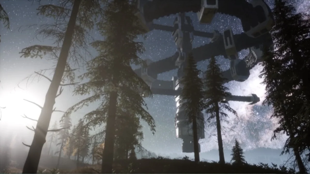 UFO Conspiracies: The Hidden Truth (2020) movie still: establishing — A dense coniferous forest sits beneath a night sky filled with a glowing…