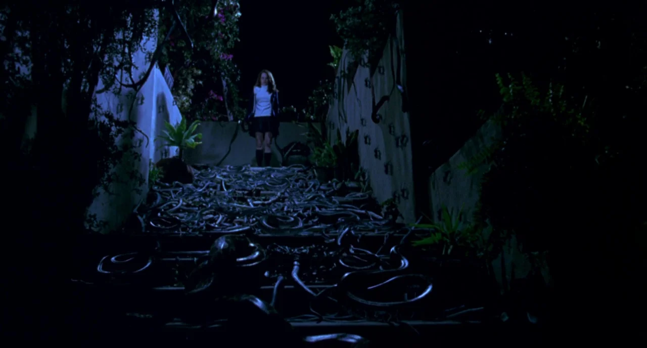 The Craft (1996) movie still: wide — An exterior staircase at night is completely covered in a dense mass of snakes. A young woman stands at the top…