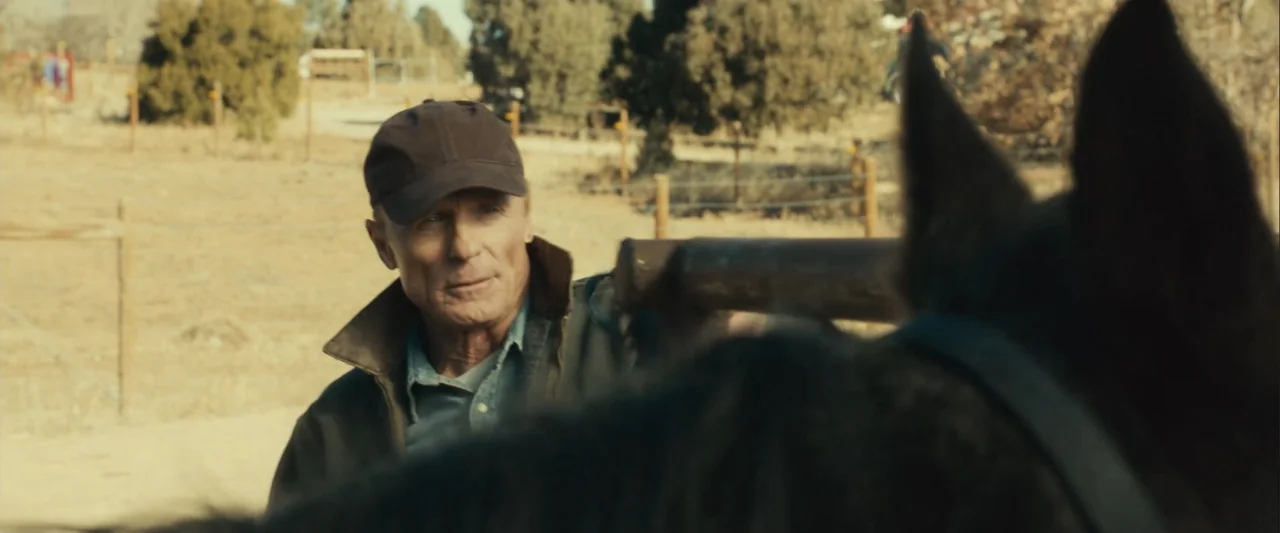 Frontera (2014) movie still: medium — An arid, sun-drenched outdoor enclosure with a wooden post and rail fence. A man wearing a baseball cap stands…