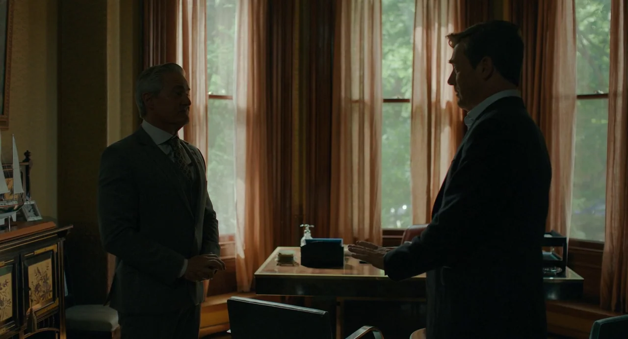 Confess, Fletch (2022) movie still: medium — A dimly lit office features sheer brown curtains and dark wood furniture. Two men in formal business…