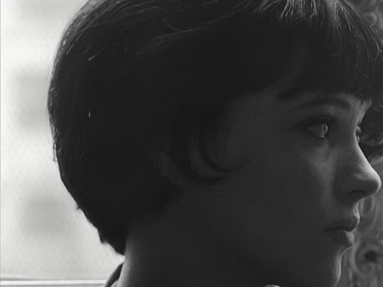 Vivre Sa Vie (1962) movie still: closeup — A close-up view shows the side profile of a young woman's face. The lighting creates a sharp contrast…