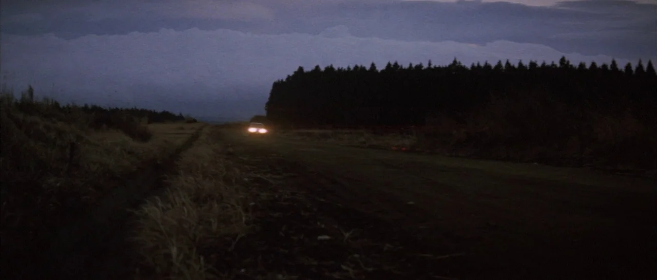Godzilla Vs Hedorah (1971) movie still: wide — A dark rural road is flanked by dry grass and a dense line of trees. An oncoming car with bright…
