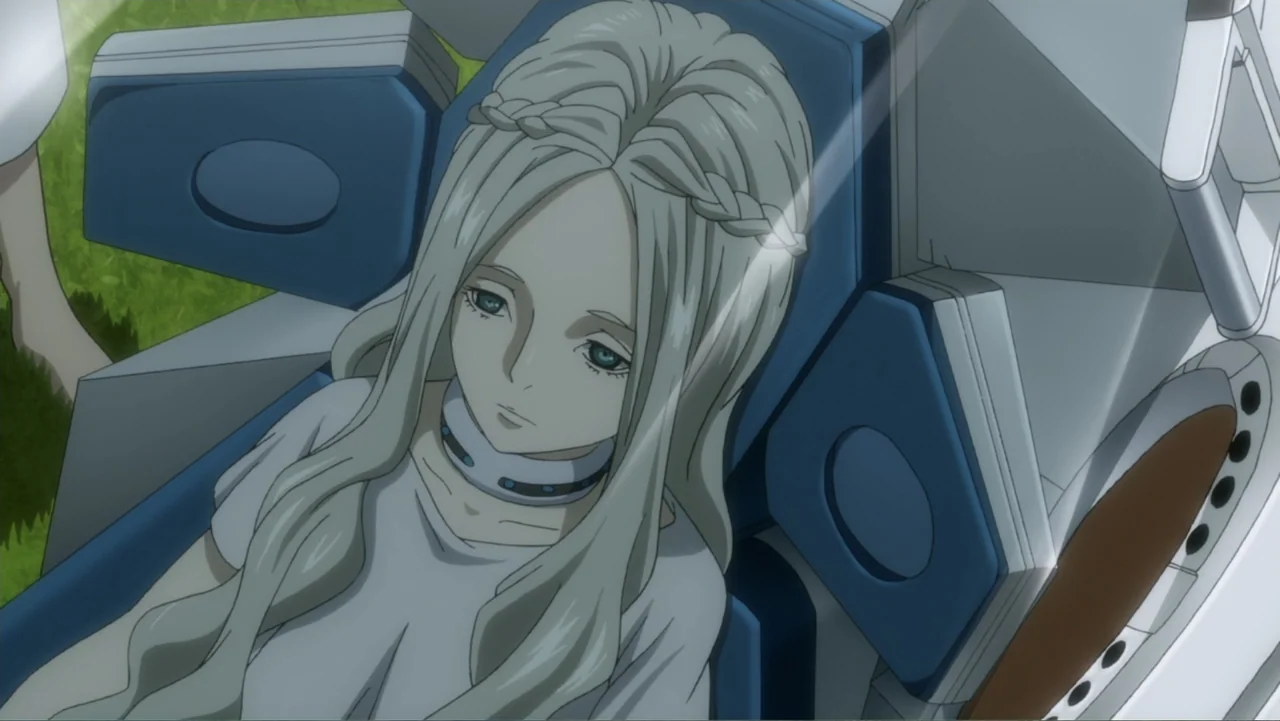 Ghost in the Shell: The New Movie (2015) movie still: medium — A pale-haired young woman rests inside a white and blue mechanical structure. She…