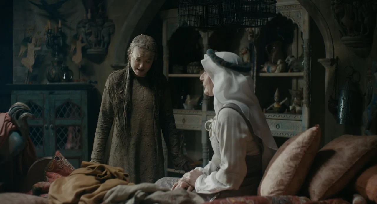 Catherine Called Birdy (2022) movie still: medium — A rustic chamber features aged wooden shelving and period-accurate decor. A mud-covered girl…