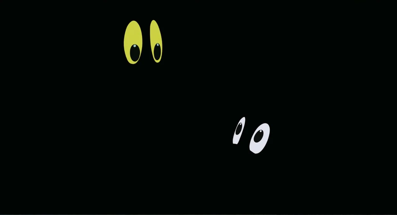 Tom & Jerry (2021) movie still: closeup — A pitch black environment contains only floating pairs of animated eyes. Two sets of eyes gaze forward…