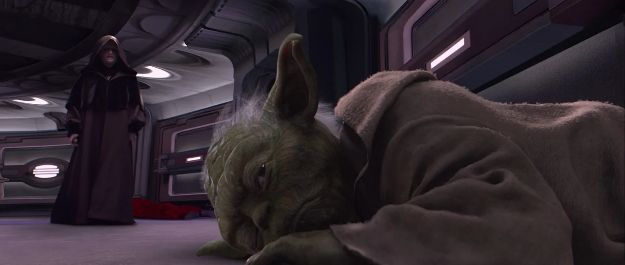 Star Wars: Episode III – Revenge of the Sith (2005) movie still: medium — A dark futuristic hallway features metallic wall panels and integrated…
