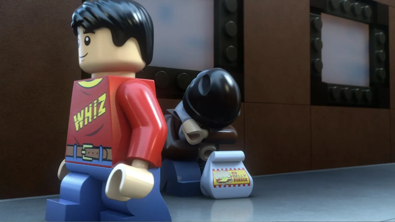 LEGO DC: Shazam! Magic and Monsters (2020) movie still: medium — A plastic toy environment features a brick-textured wall behind two figures. One…