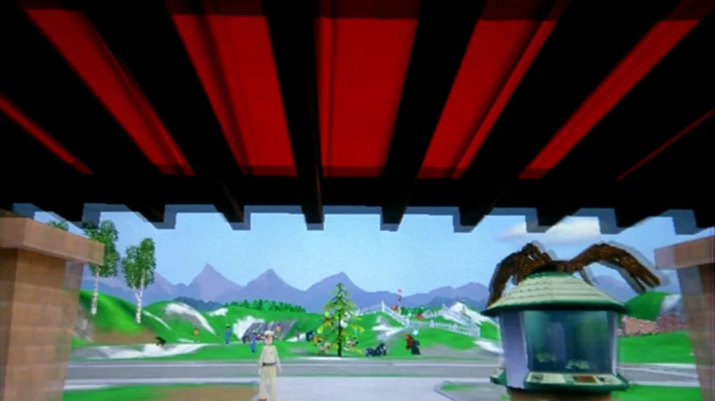 Smiley Face (2007) movie still: wide — A stylized, low-polygon landscape features rolling green hills, distant mountains, and a path. A figure in…
