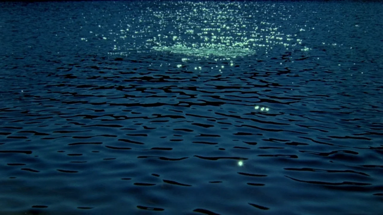 Friday the 13th (1980) movie still: establishing — The surface of a dark body of water moves in gentle ripples. Bright light reflects off the water…