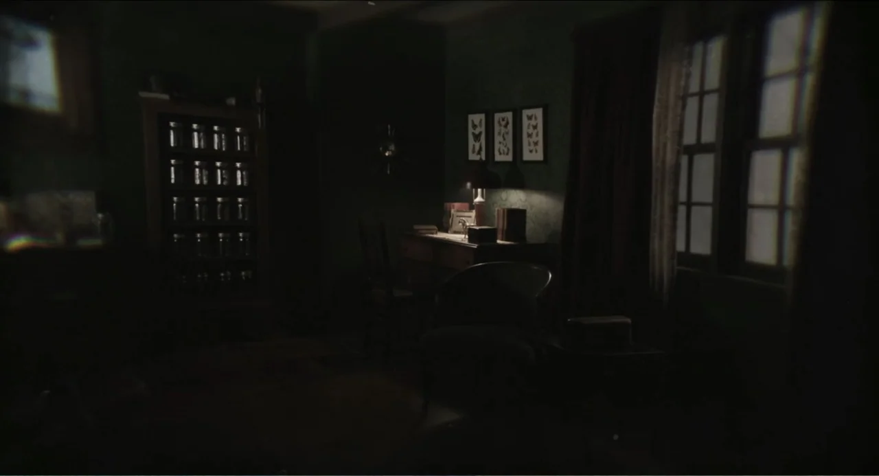 Haunter (2013) movie still: wide — A dimly lit room features a desk with a lamp and a shelf of glass jars. A window with curtains sits on the right…
