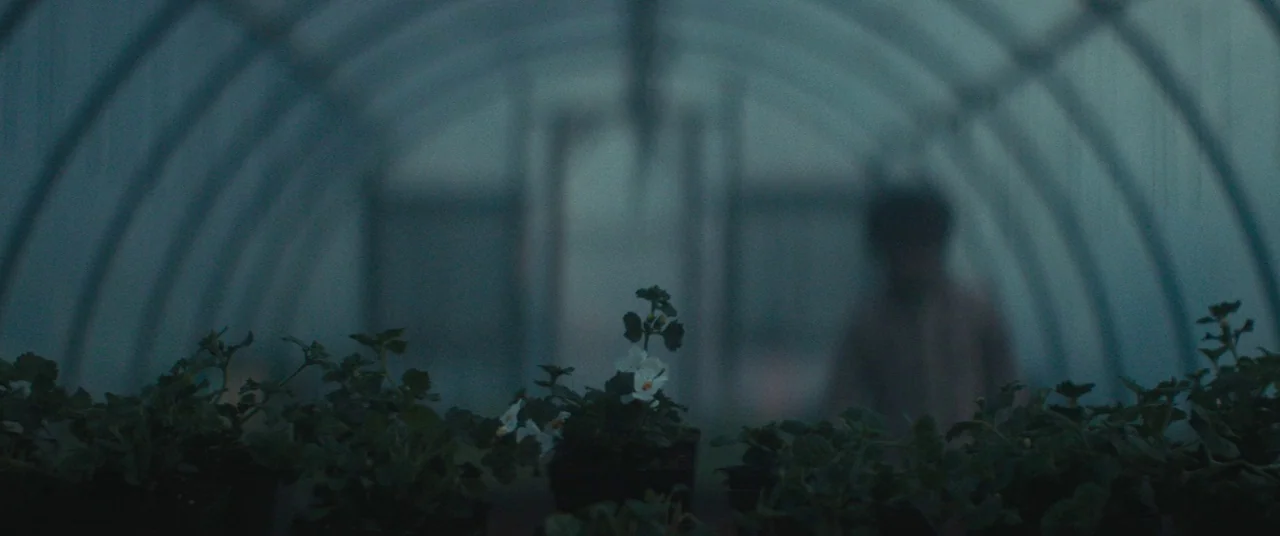 I Think We’re Alone Now (2018) movie still: wide — A curved polytunnel structure features rows of potted plants in the foreground under dim light. A…