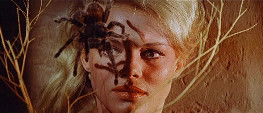 Erik The Conqueror (1961) movie still: closeup — A woman lies against a rough, sun-baked earth surface amidst dry, thin branches. A large tarantula…