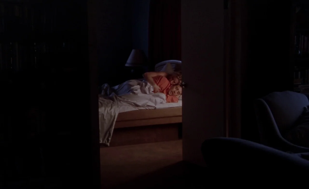 Leaving Las Vegas (1995) movie still: wide — A dark, dimly lit room is viewed through an open doorway into an adjacent space. Two people lie asleep…