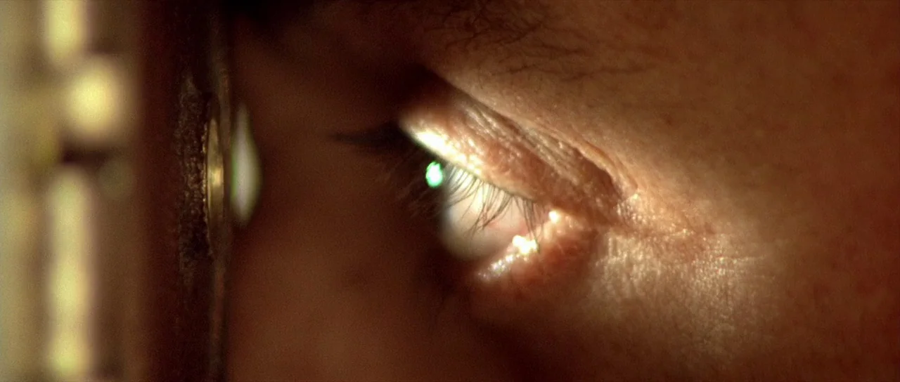 Léon: The Professional movie still: closeup — A dark wooden door has a brass-rimmed glass peephole embedded in its surface. A human eye presses…