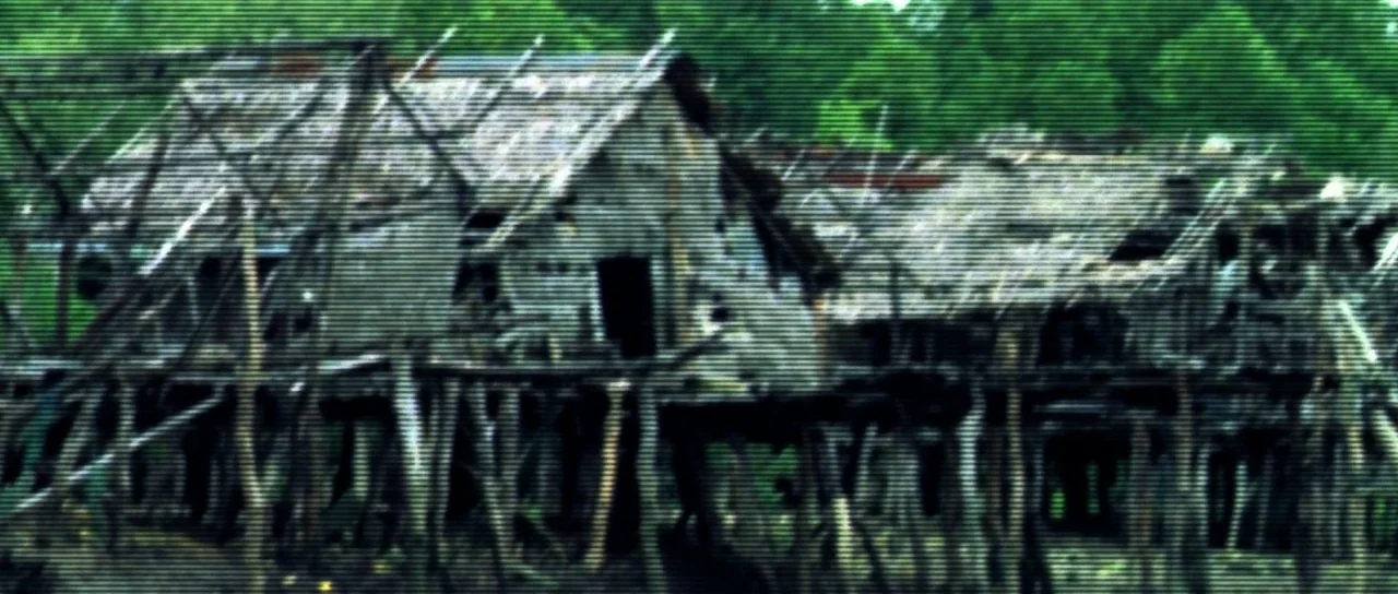 Vinyan (2008) movie still: establishing — A series of dilapidated wooden structures stand on stilts amidst dense greenery. These weathered huts…