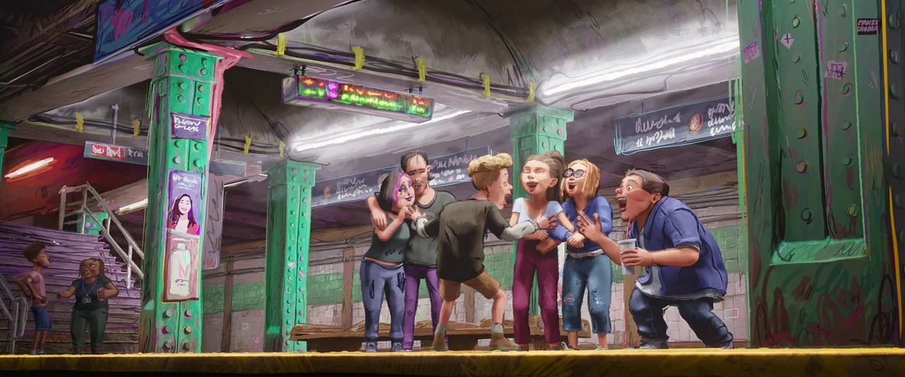 Teenage Mutant Ninja Turtles: Mutant Mayhem (2023) movie still: wide — An underground subway station platform with vibrant green columns and layered…