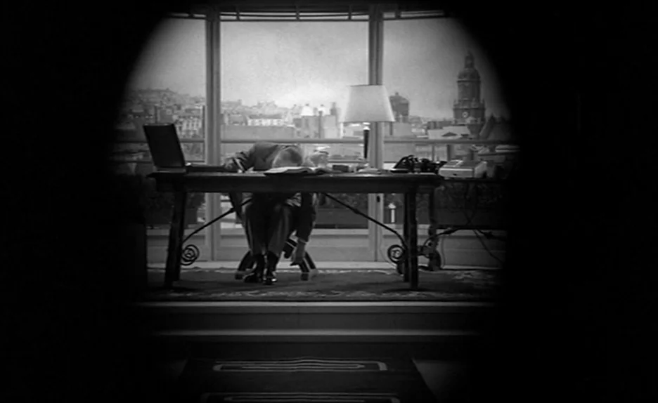 Elevator To The Gallows (Ascenseur pour l’échafaud) (1958) movie still: wide — A modern office features a large desk positioned in front of a wide…