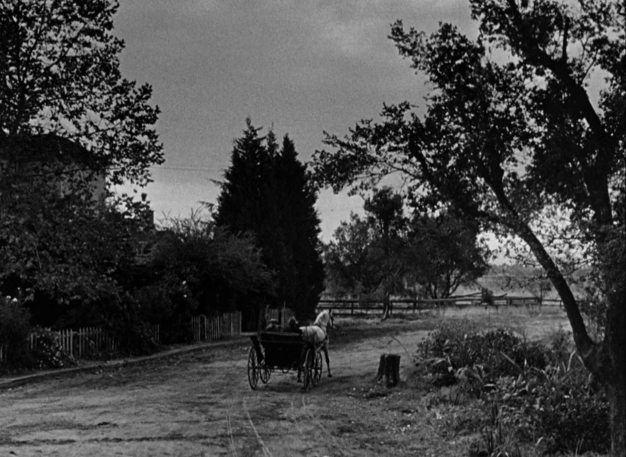The Spiral Staircase (1946) movie still: wide — A rural landscape features a dirt path flanked by mature trees and fences. A horse-drawn carriage…