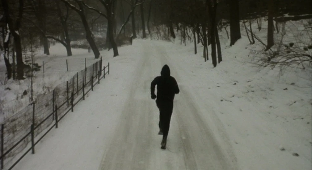 Birth (2004) movie still: fullbody — A snow-covered road winds through a winter landscape lined with leafless trees and fencing. A solitary person…