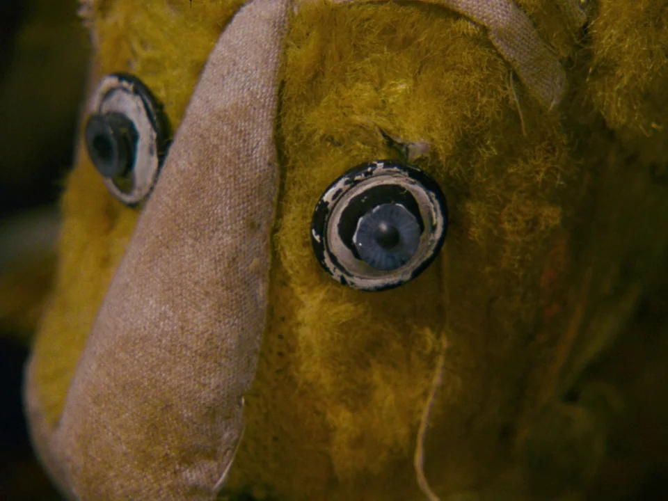 Alice (1988) movie still: closeup — A close-up view of a worn, mustard-colored plush teddy bear with prominent button eyes. The fabric shows…