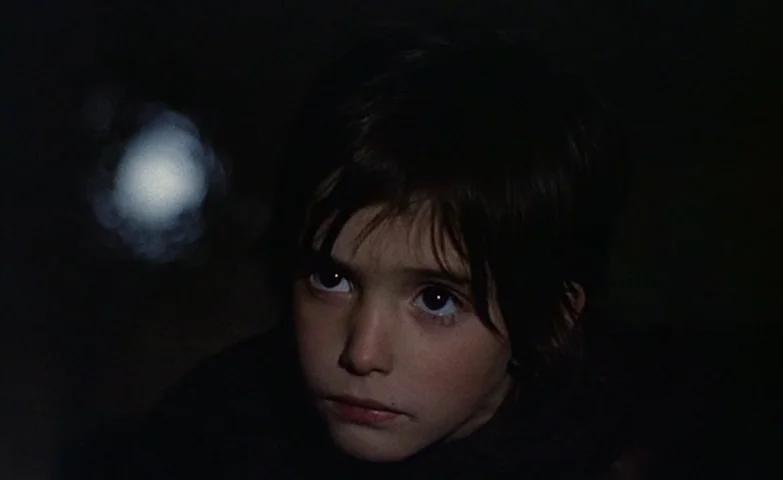 Spirit Of The Beehive (1973) movie still: closeup — The face of a young boy is framed against a dark, featureless background. He looks upward toward…